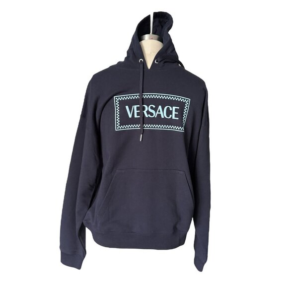 VERSACE 1012564 MEN'S BLUE COTTON SWEATSHIRT HOODIE - Picture 1 of 9